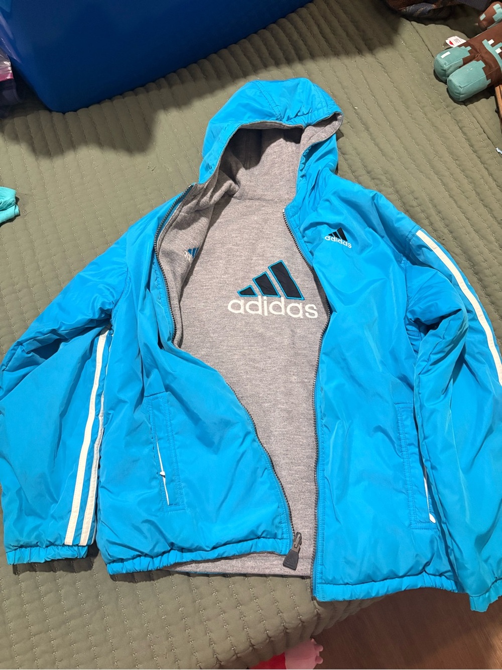 adidas reversible Bright Blue Hooded Utility Jacket with White Stripes